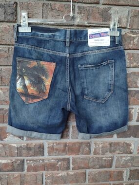 Zara Man Button Fly Jean Shorts Mens Sz 30 Cuffed Selvedge Dark Wash Palm Tree